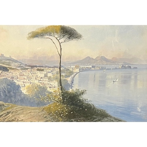 389 - Giovanni Battista (Italian, 1858-1925), Vesuvius coastal landscape watercolour with gouache on paper... 