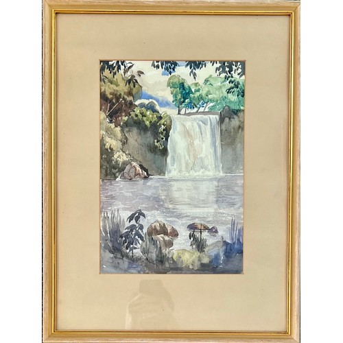 390 - E Goodman (British, 20th Century), waterfall landscape watercolour on paper, 1945. Signed and dated ... 