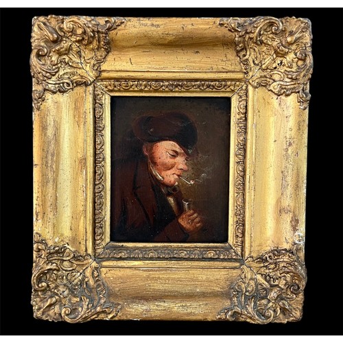 411 - 19th Century oil on board painting of a man smoking a pipe. Unsigned, framed. 13cm x 10cm, frame mea... 