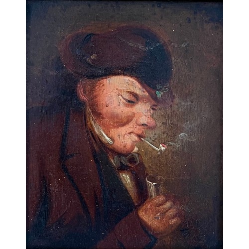 411 - 19th Century oil on board painting of a man smoking a pipe. Unsigned, framed. 13cm x 10cm, frame mea... 