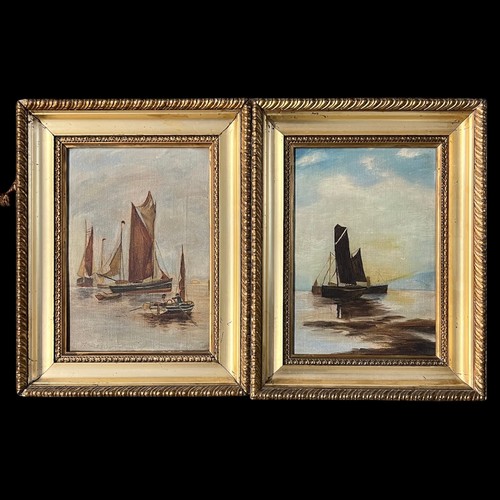 412 - Pair of unsigned early 20th Century sailing boat oil on canvas works. Framed. 23cm x 18cm, frame mea... 