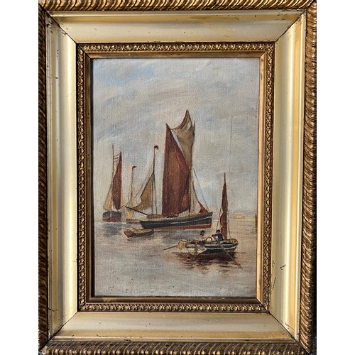 412 - Pair of unsigned early 20th Century sailing boat oil on canvas works. Framed. 23cm x 18cm, frame mea... 