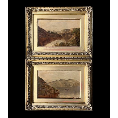 414 - Pair of unsigned 19th / 20th Century oil on board lake scenes. Framed in gilt frame. 15cm x 25cm, fr... 