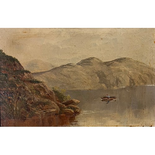 414 - Pair of unsigned 19th / 20th Century oil on board lake scenes. Framed in gilt frame. 15cm x 25cm, fr... 