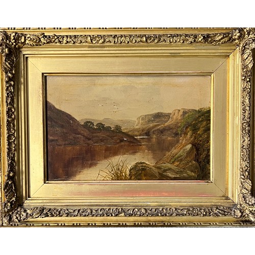 414 - Pair of unsigned 19th / 20th Century oil on board lake scenes. Framed in gilt frame. 15cm x 25cm, fr... 