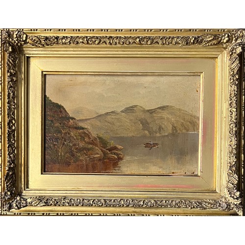 414 - Pair of unsigned 19th / 20th Century oil on board lake scenes. Framed in gilt frame. 15cm x 25cm, fr... 