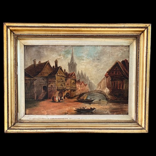 416 - 19th / 20th Century continental oil on board city scene. Unsigned, framed. 29cm x 44cm, frame measur... 