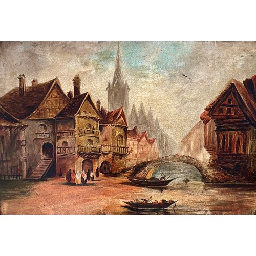 416 - 19th / 20th Century continental oil on board city scene. Unsigned, framed. 29cm x 44cm, frame measur... 