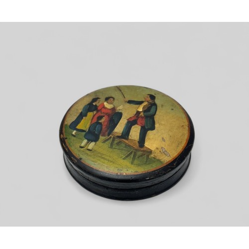 251 - 19th Century papier-mâché hand painted snuff box with man playing violin painted to lid. Diameter 8c... 