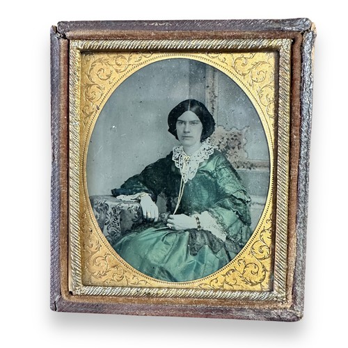 373 - 19th Century pair of framed daguerreotype photographs, one of a lady one of a boy. Gilt border, lady... 