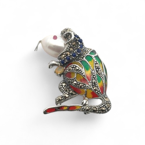 4 - A silver plique-a-jour mouse combined brooch and pendant, with a pearl head and set with multi colou... 