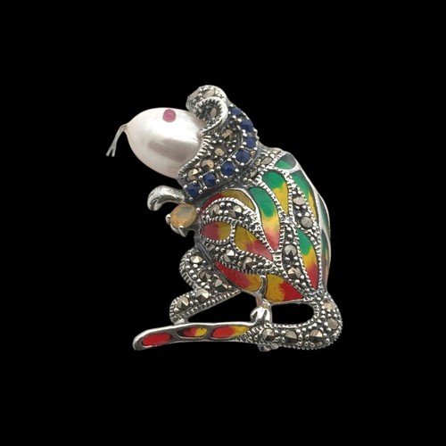 4 - A silver plique-a-jour mouse combined brooch and pendant, with a pearl head and set with multi colou... 