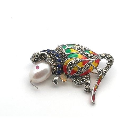 4 - A silver plique-a-jour mouse combined brooch and pendant, with a pearl head and set with multi colou... 