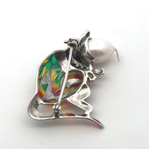 4 - A silver plique-a-jour mouse combined brooch and pendant, with a pearl head and set with multi colou... 