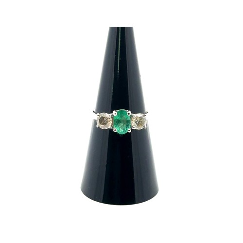 33 - Certificated 18ct white gold emerald and diamond trilogy ring. Emerald 0.66ct. Diamonds 0.37ct. Cert... 