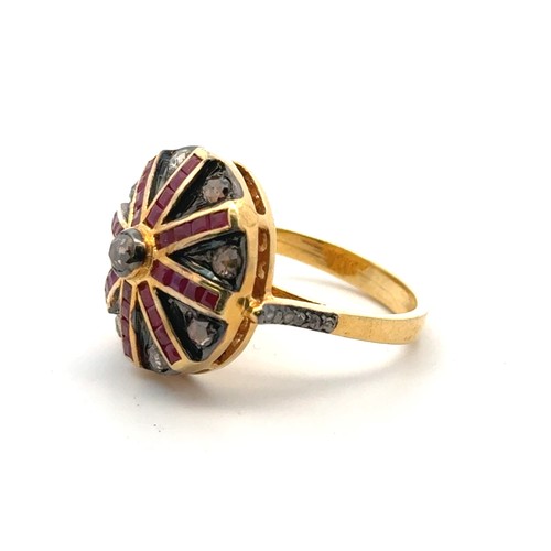 30 - A silver gilt target style ring set with yellow and white rose-cut diamonds and step-cut rubies, siz... 