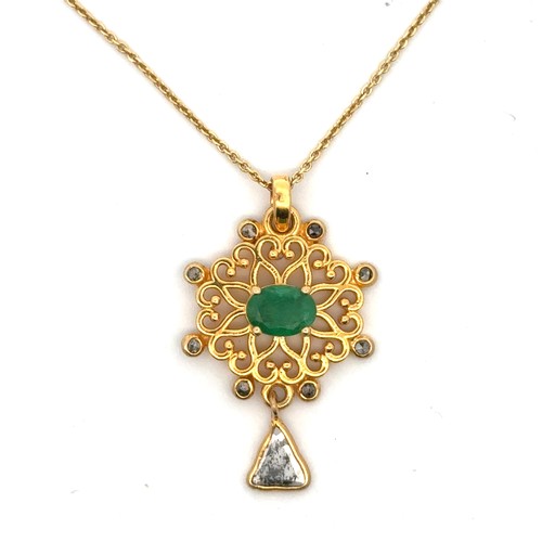 2 - A silver gilt floral pendant set with an oval emerald with a slice-cut diamond drop. Diamonds 0.30ct... 