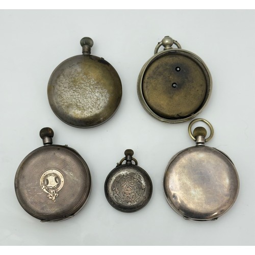 91 - Four pocket watches and a fob watch. Includes a Swiss 935 silver pocket watch signed Recta, a contin... 