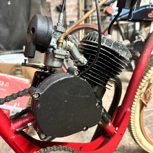 190 - Reproduction Board Track Racer Indian motorcycle. Red in colour. With pedals. Believed to be a 50cc ... 