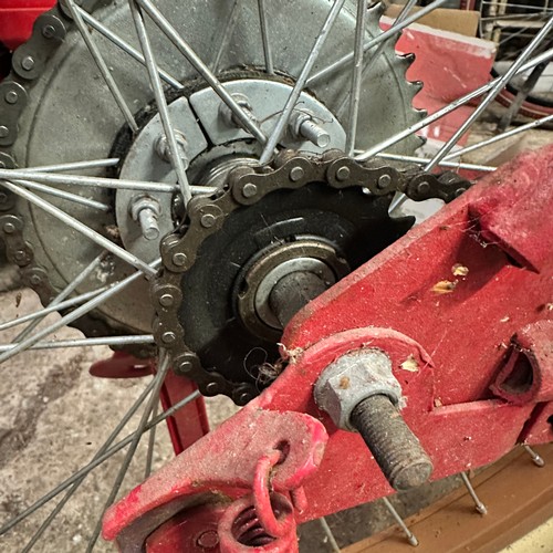 190 - Reproduction Board Track Racer Indian motorcycle. Red in colour. With pedals. Believed to be a 50cc ... 