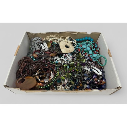 76 - A box of hardstone, mineral, pearl and costume jewellery.