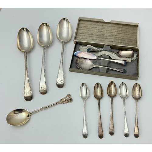 132 - Collection of silver spoons including three George III serving spoons (approx 1760s), plus five silv... 