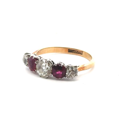 43 - An old cut diamond and ruby five stone ring, size R. 3.90g. Principal diamond 6.1mm, estimated appro... 