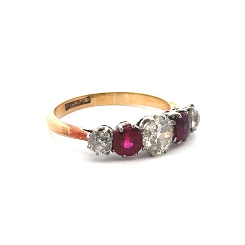 43 - An old cut diamond and ruby five stone ring, size R. 3.90g. Principal diamond 6.1mm, estimated appro... 