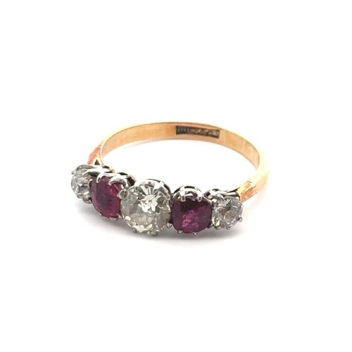 43 - An old cut diamond and ruby five stone ring, size R. 3.90g. Principal diamond 6.1mm, estimated appro... 