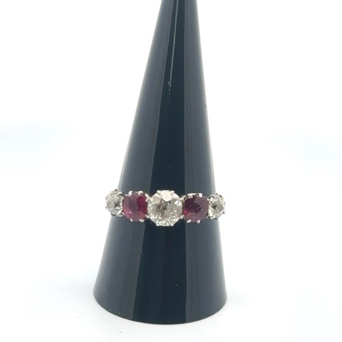 43 - An old cut diamond and ruby five stone ring, size R. 3.90g. Principal diamond 6.1mm, estimated appro... 