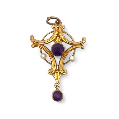 6 - A 9ct gold art nouveau style amethyst and seed pearl pendant. 1.92g. Length approx 38mm.