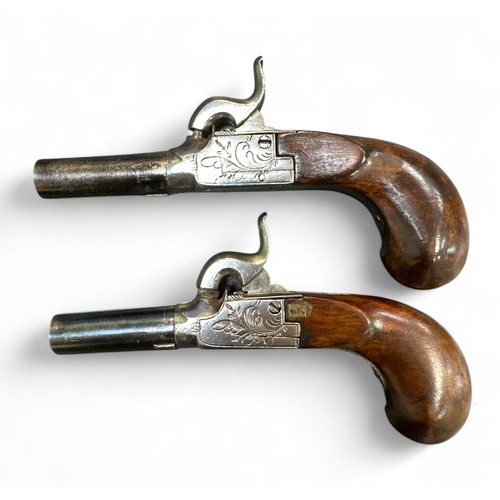 158 - Pair of Belgian Percussion Cap Pocket Pistols with box, with 51mm long barrels. Bore approx. 12mm. B... 