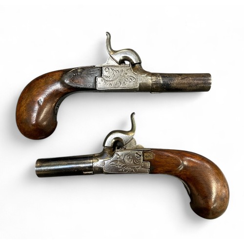 158 - Pair of Belgian Percussion Cap Pocket Pistols with box, with 51mm long barrels. Bore approx. 12mm. B... 