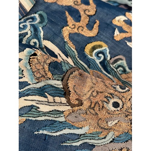 296 - Chinese Late 19th / Early 20th Century silk blue ground Dragon robe with gold thread. Finely embroid... 