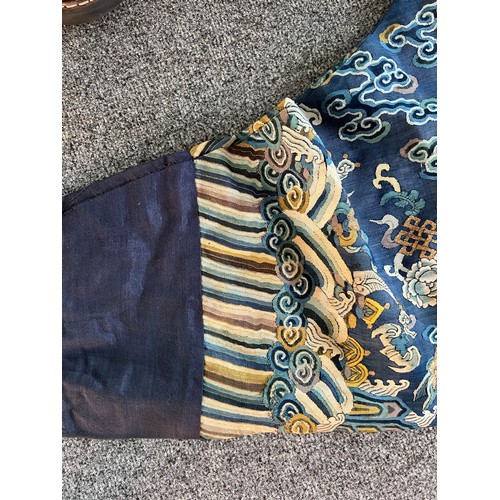 296 - Chinese Late 19th / Early 20th Century silk blue ground Dragon robe with gold thread. Finely embroid... 