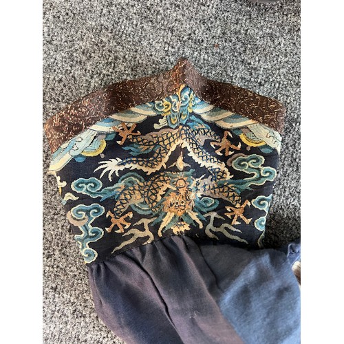 296 - Chinese Late 19th / Early 20th Century silk blue ground Dragon robe with gold thread. Finely embroid... 