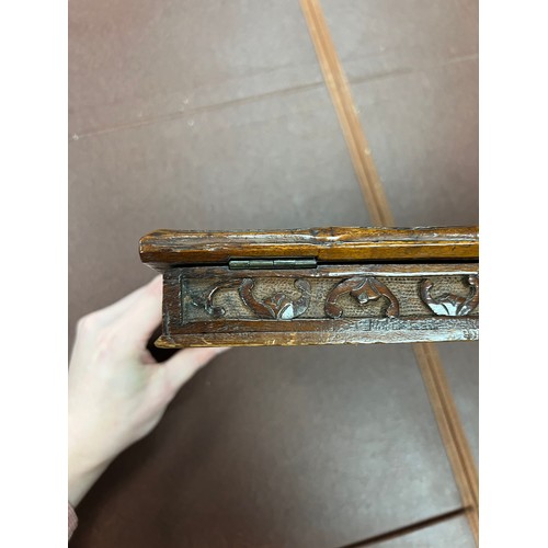 293 - Chinese carved wooden box with dragon design to lid, lid on hinges. Height 5cm, length 31cm, depth 2... 