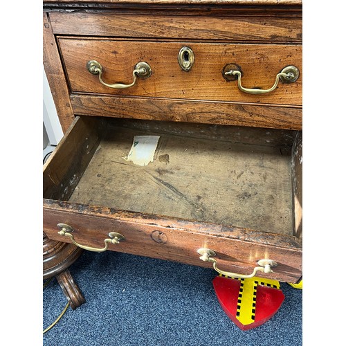 443 - Late 18th / Early 19th Century oak five drawer dresser base. Brass fittings, rectangular top split o... 