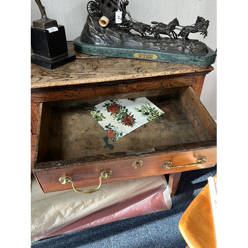 443 - Late 18th / Early 19th Century oak five drawer dresser base. Brass fittings, rectangular top split o... 