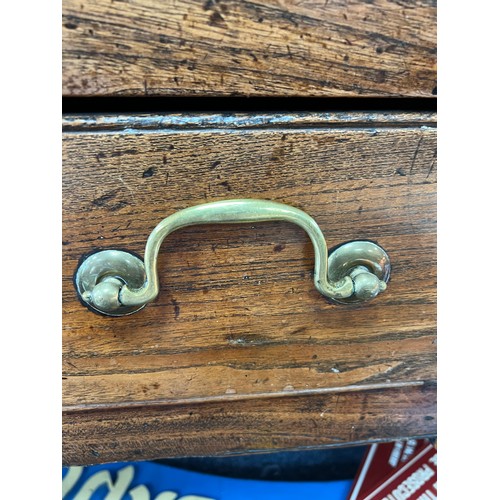 443 - Late 18th / Early 19th Century oak five drawer dresser base. Brass fittings, rectangular top split o... 