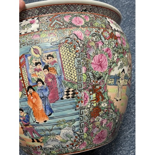 297 - Large modern Chinese jardiniere / fishbowl with panelled figural exterior and fish / aquatic plant d... 