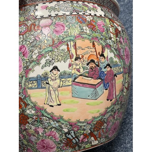 297 - Large modern Chinese jardiniere / fishbowl with panelled figural exterior and fish / aquatic plant d... 