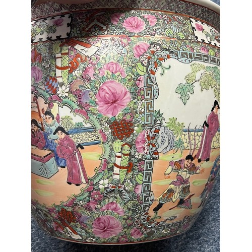 297 - Large modern Chinese jardiniere / fishbowl with panelled figural exterior and fish / aquatic plant d... 