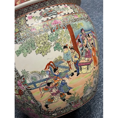 297 - Large modern Chinese jardiniere / fishbowl with panelled figural exterior and fish / aquatic plant d... 