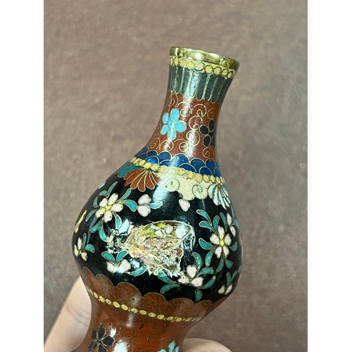 291 - Oriental cloisonne enamel range, to include; dragon vase (damaged) 22cm, butterfly vase 18cm, three ... 