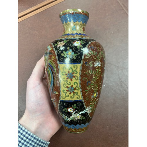 291 - Oriental cloisonne enamel range, to include; dragon vase (damaged) 22cm, butterfly vase 18cm, three ... 