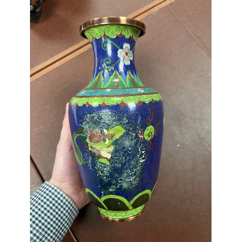 291 - Oriental cloisonne enamel range, to include; dragon vase (damaged) 22cm, butterfly vase 18cm, three ... 