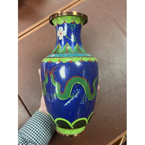 291 - Oriental cloisonne enamel range, to include; dragon vase (damaged) 22cm, butterfly vase 18cm, three ... 