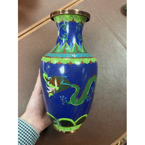 291 - Oriental cloisonne enamel range, to include; dragon vase (damaged) 22cm, butterfly vase 18cm, three ... 