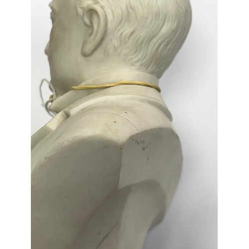 258 - A Robinson and Leadbetter Parian bust of Cecil Rhodes. Stamped to reverse for R&L. Height 29cm.